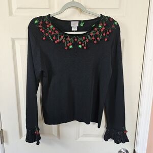 Vintage Holly Berries Holiday 3D Beade Fruit Art To Wear Bell Cuff Knit Top